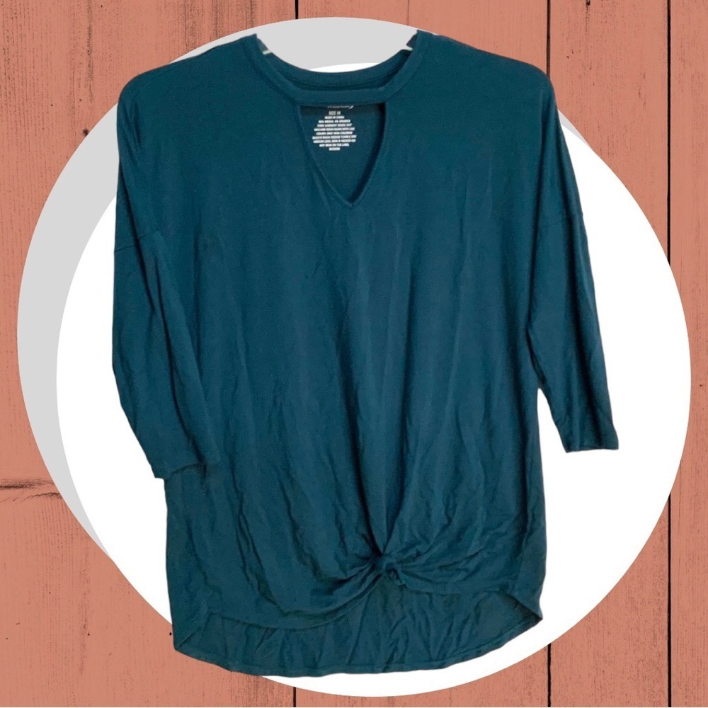 Half Moon by Modern Movement Dark Teal 3/4 Sleeve Stretchy Tie Front Top Wm M